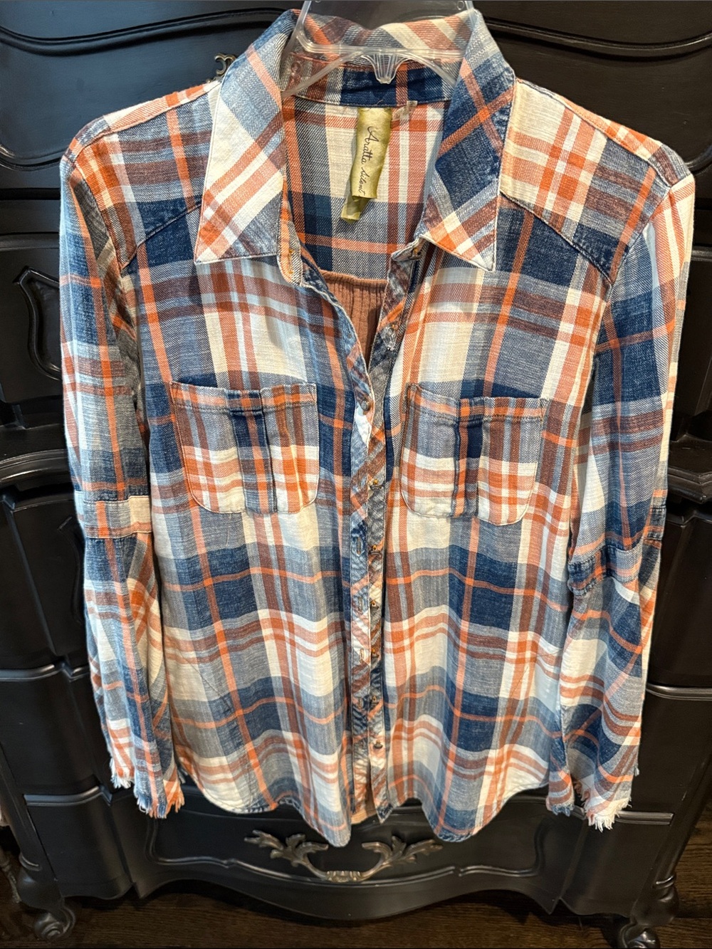 Women’s Distressed Plaid Button-Up Shirt — Orange & Blue